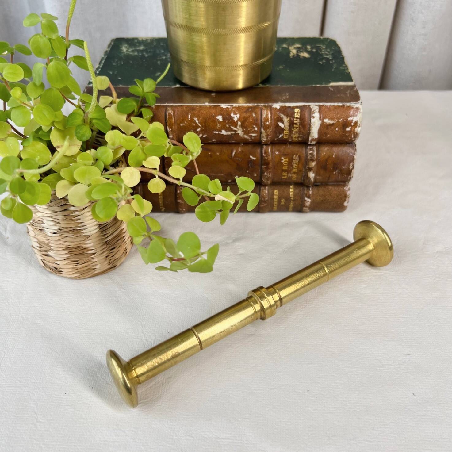 Large brass mortar with pestle