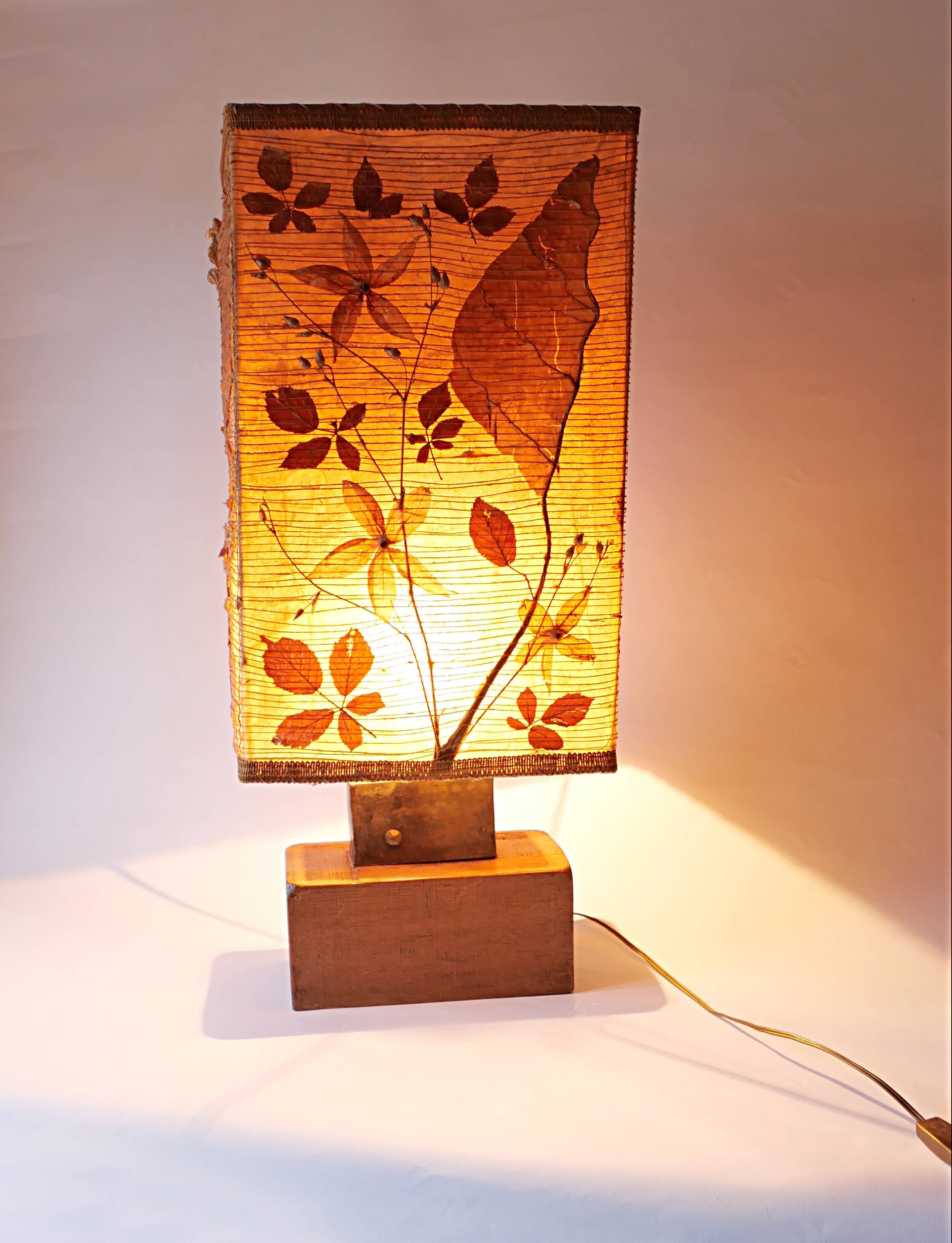 Large vintage lamp from the 70s, 1970 design, wood, metal, fabric.