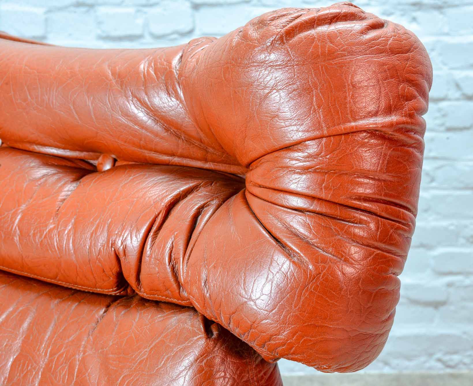 Brutalist Sculptured Brazilian Style Cognac Leather Lounge Chair, 1970s