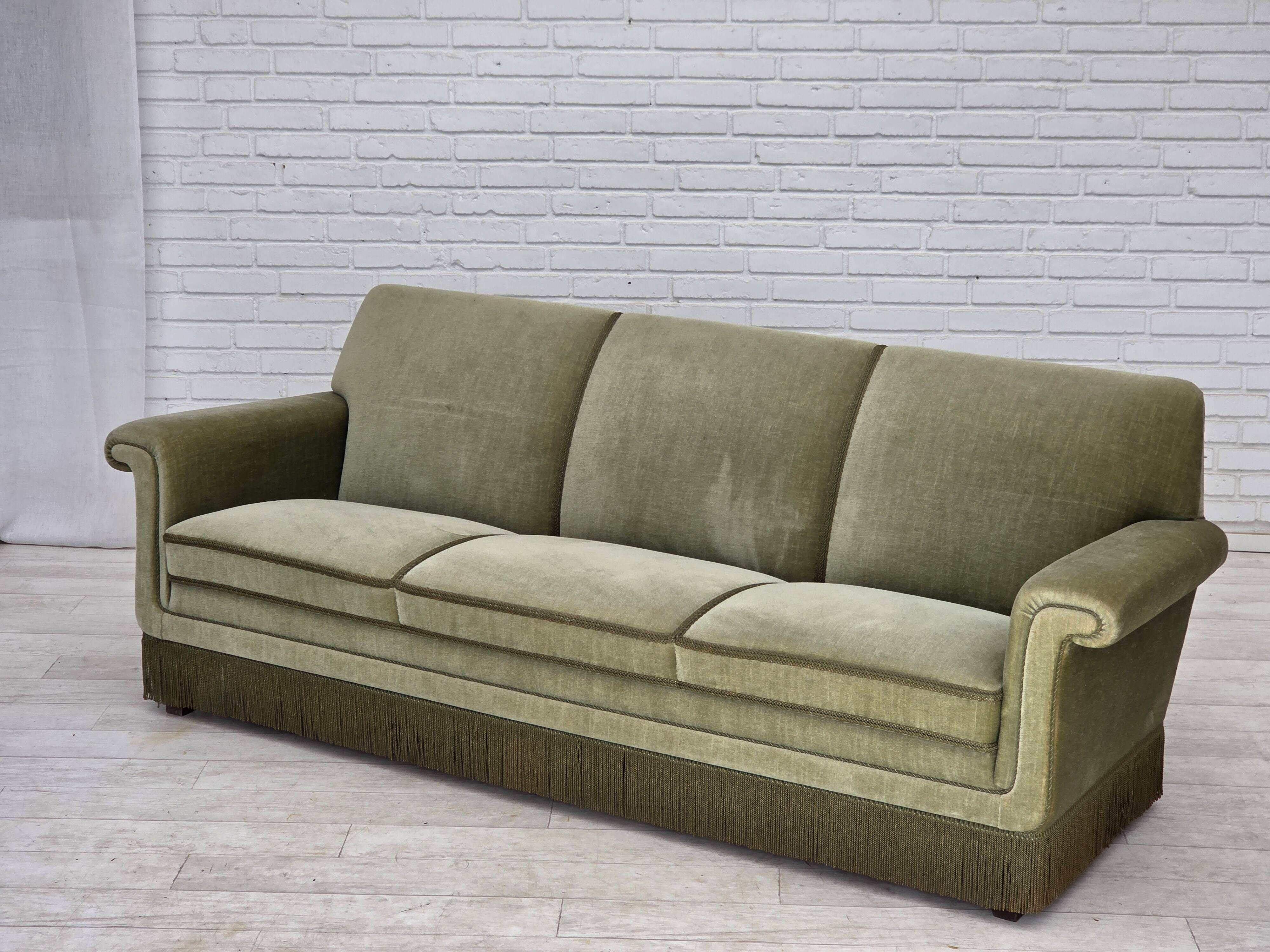 1970s, Danish 3-seater sofa, green furniture velour, beech wood.