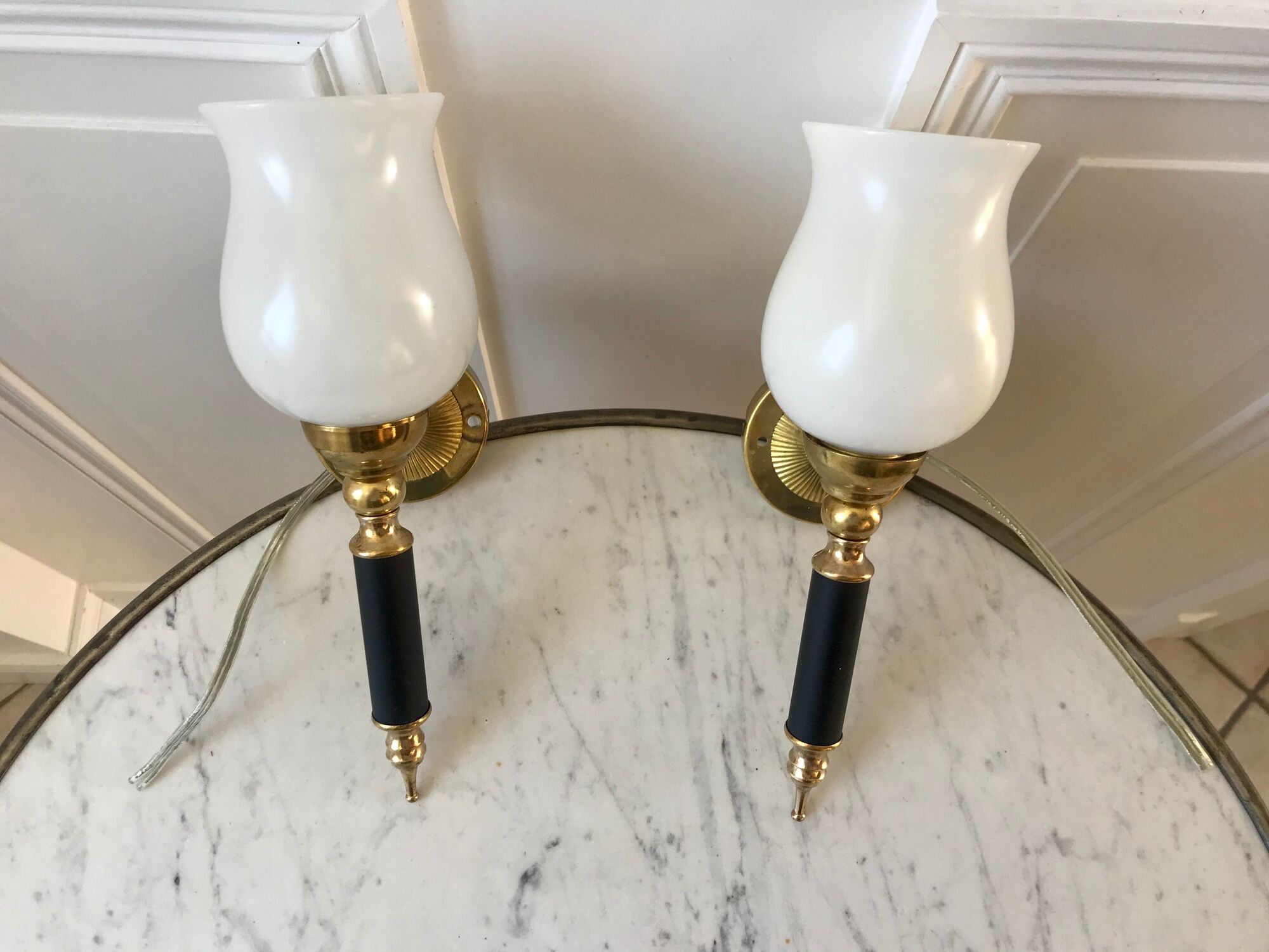 Pair of opaline and golden brass wall lamps art deco style 30s