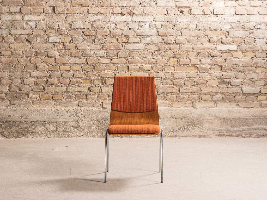 Set of 4 vintage chairs with a chrome steel base, teak backrest and seat
