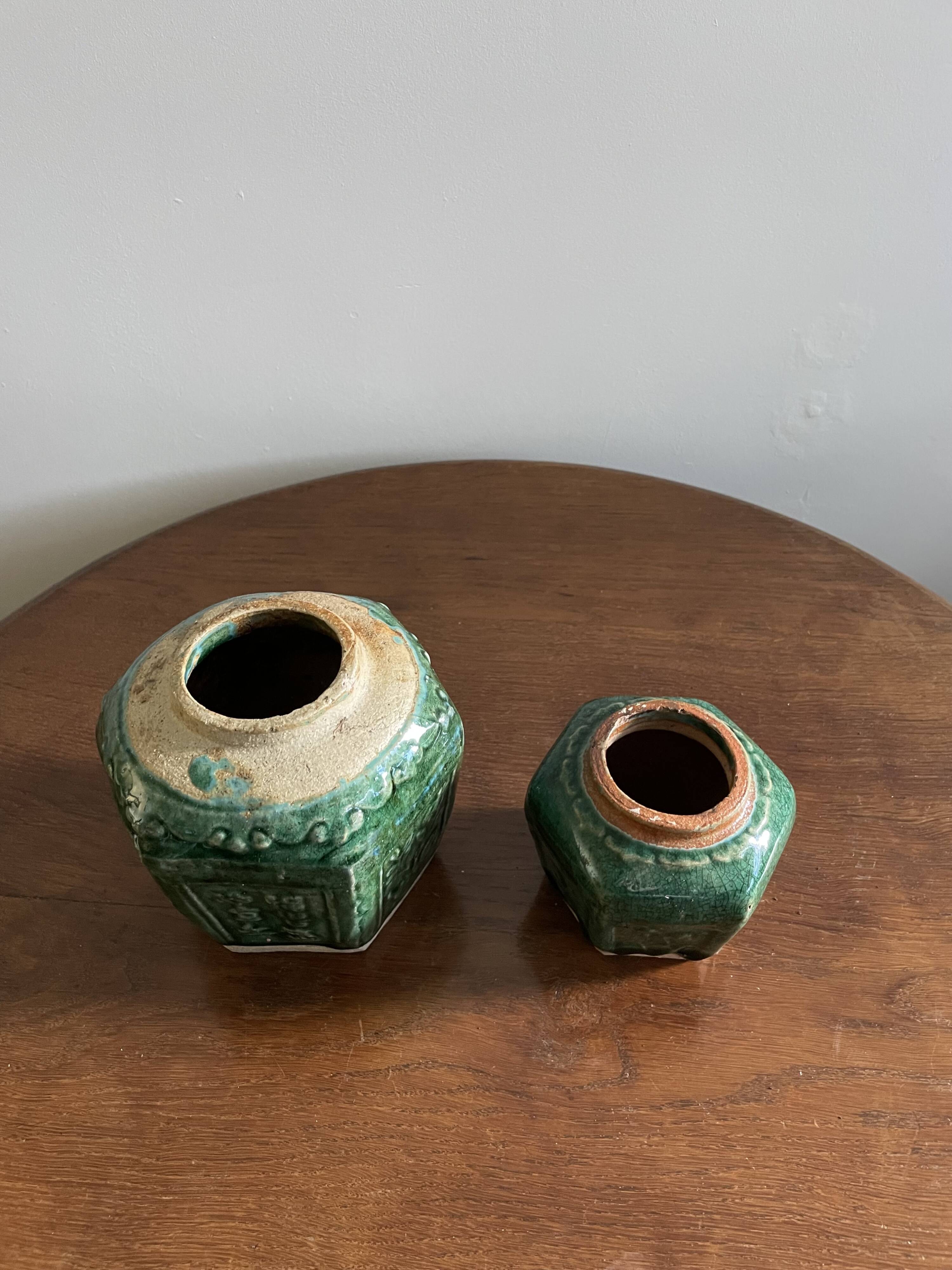 Deep green and light blue glazed hexagonal Shiwan ware ginger jar (collection of six jars, different sizes, floral designs)