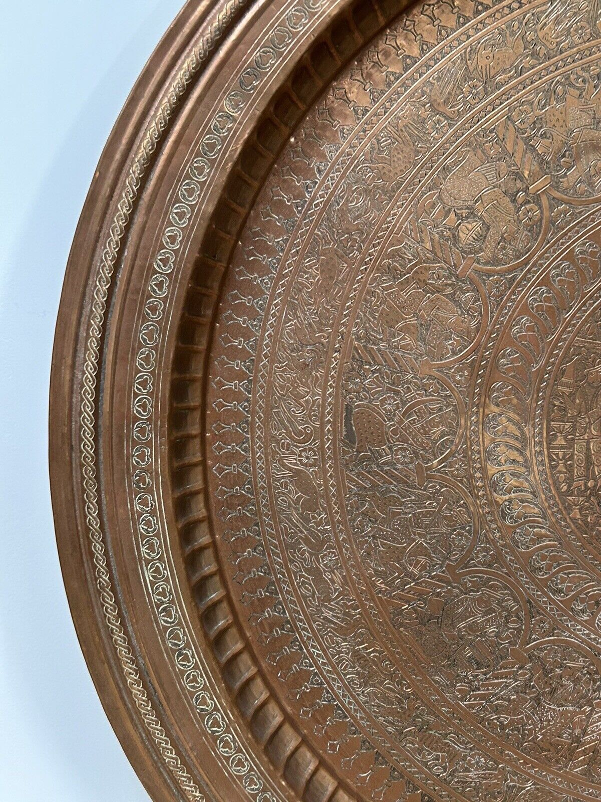 Large ancient copper tray, engraved Persia, offering scenes, vintage ethnic