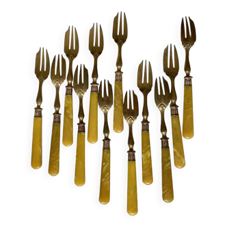 Lot de 12 petites fourchettes à dessert bakélite et laiton vintage art de la table ACC-7078