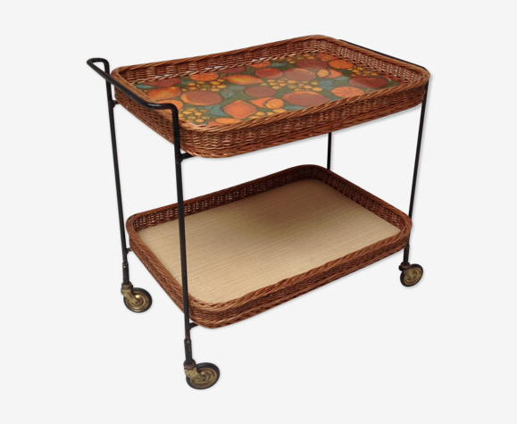Desserte roulante vintage métal et osier années 60