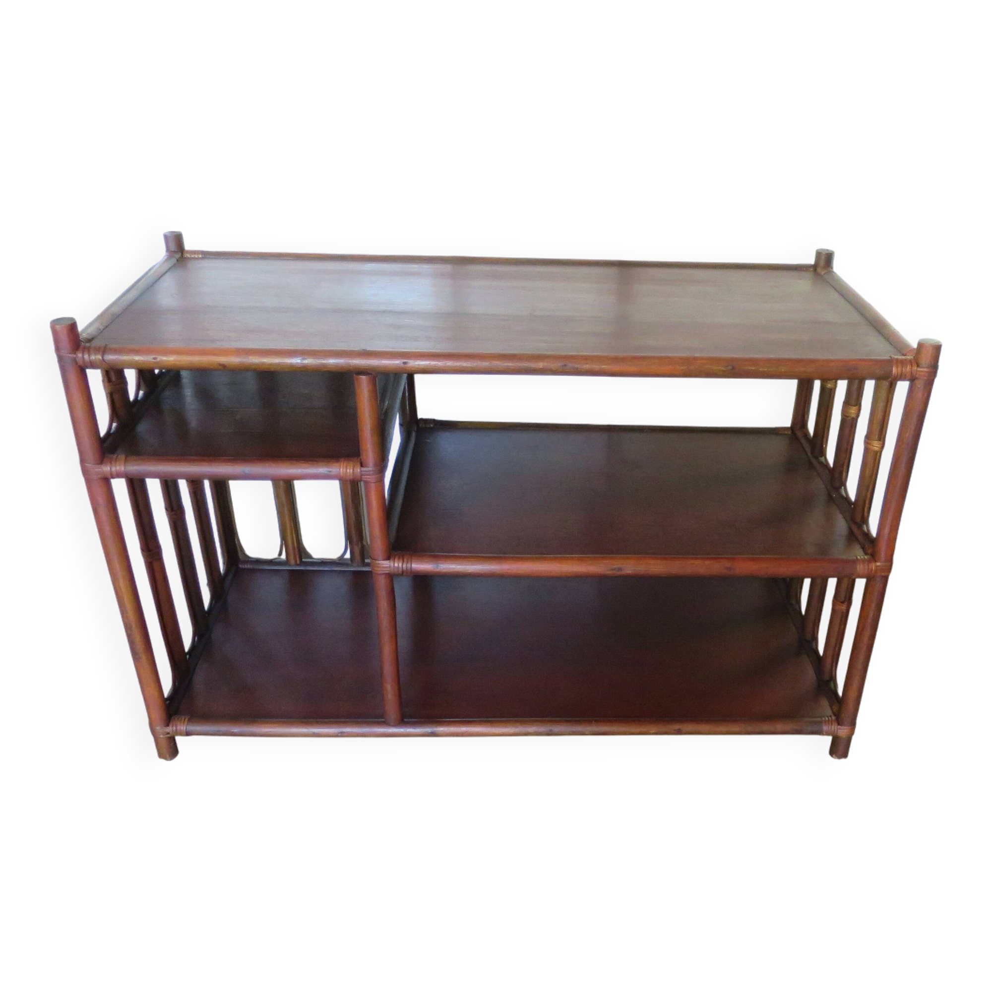 Retro side table - vinyl furniture - rattan and bamboo - 1980s