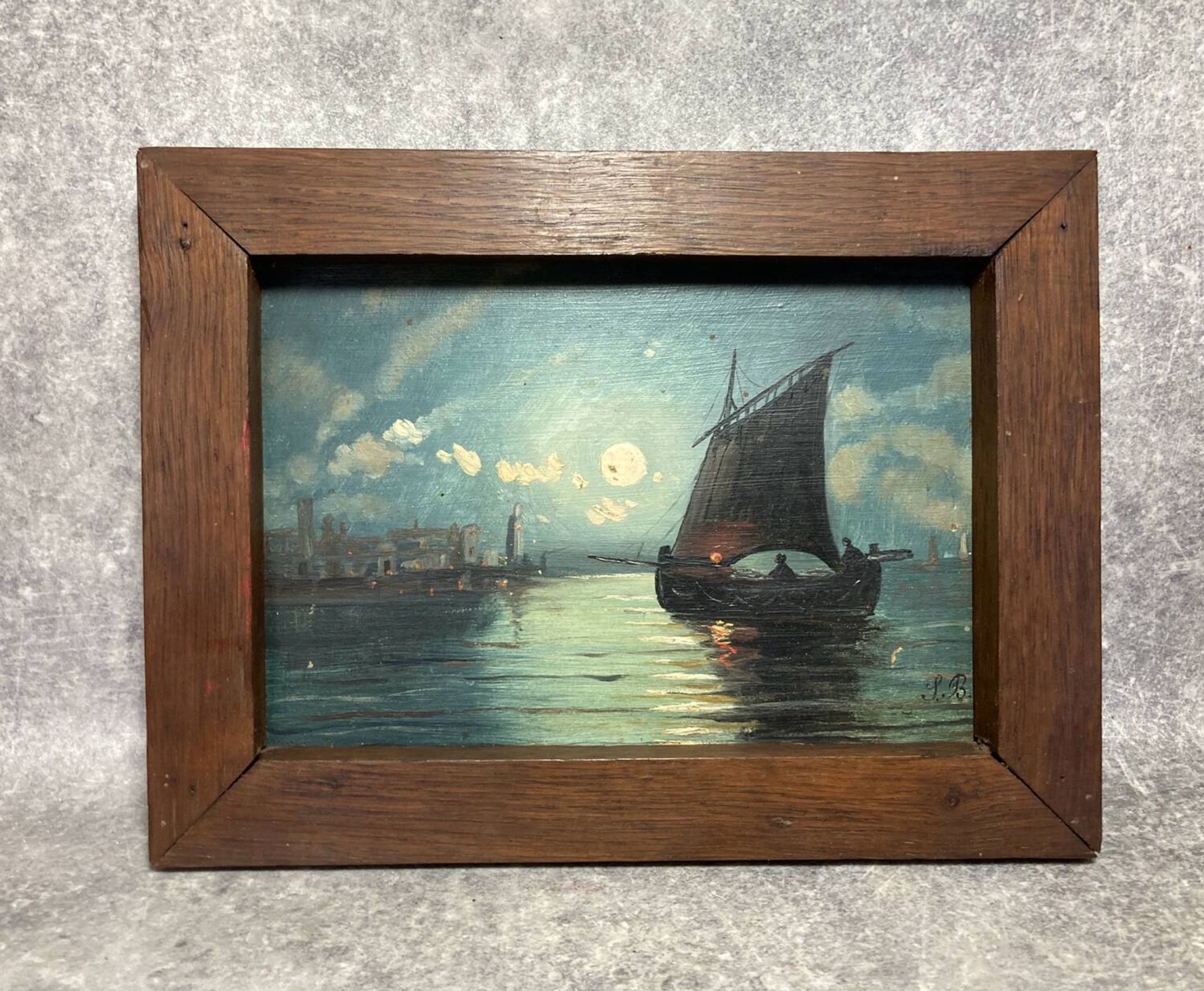 Painting. Oil on wood. Seascape, night, moonlight, fishing boat