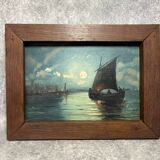 Painting. Oil on wood. Seascape, night, moonlight, fishing boat