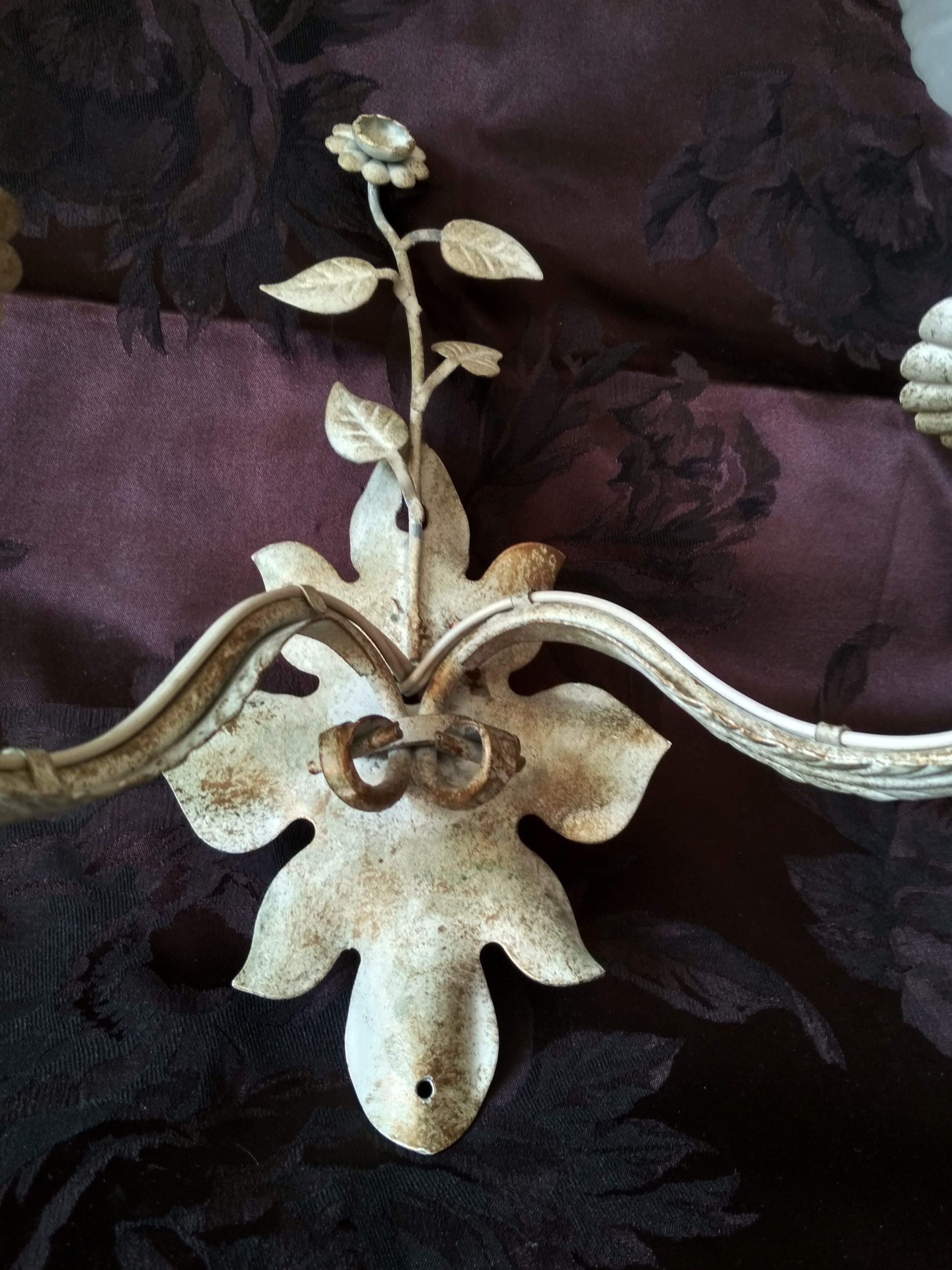 White glazed metal wall light with leaf and flower decor, 2 lights