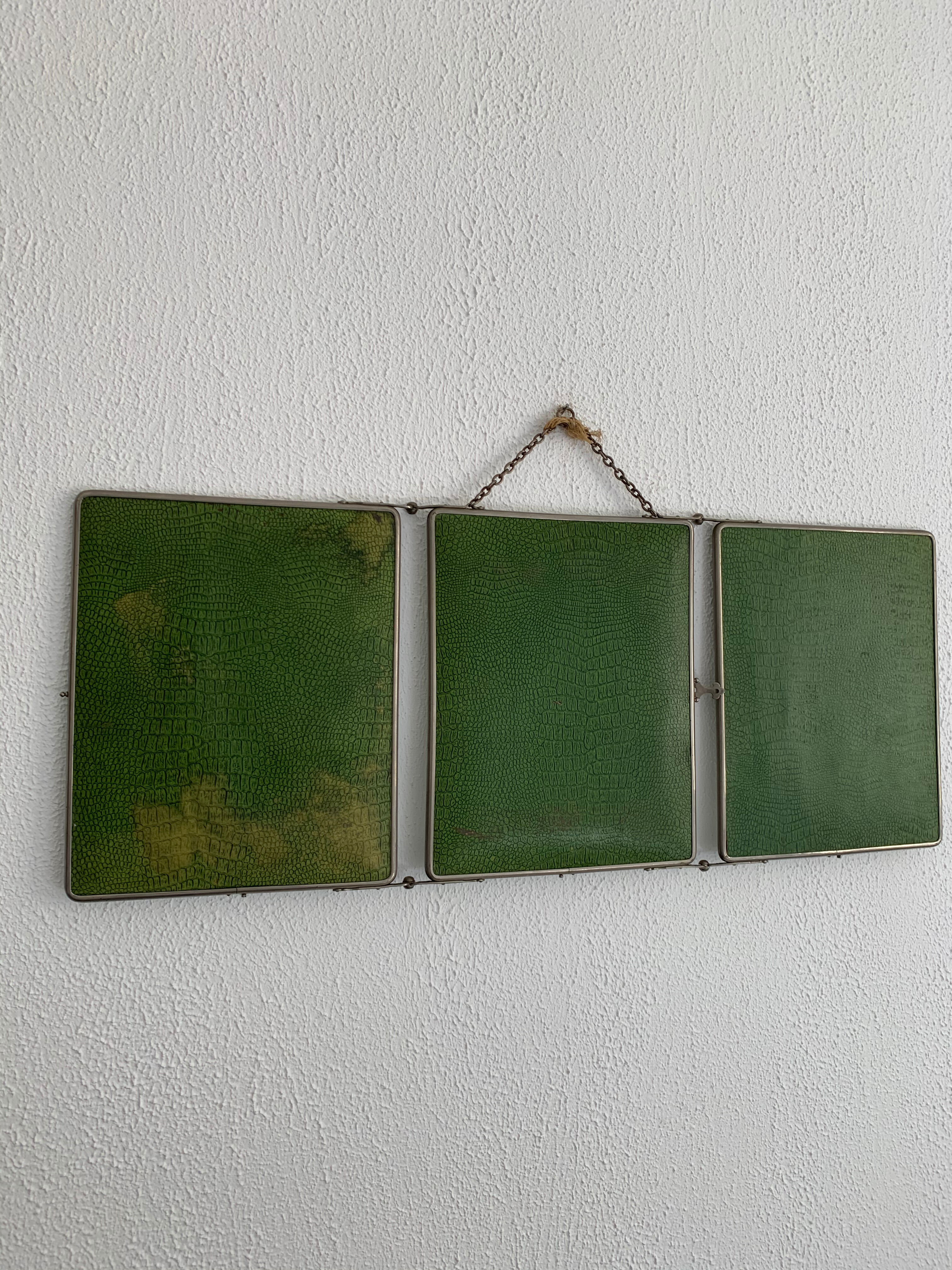 Vintage mirror 1930 triptych barber lime, 30 x 78 cm
