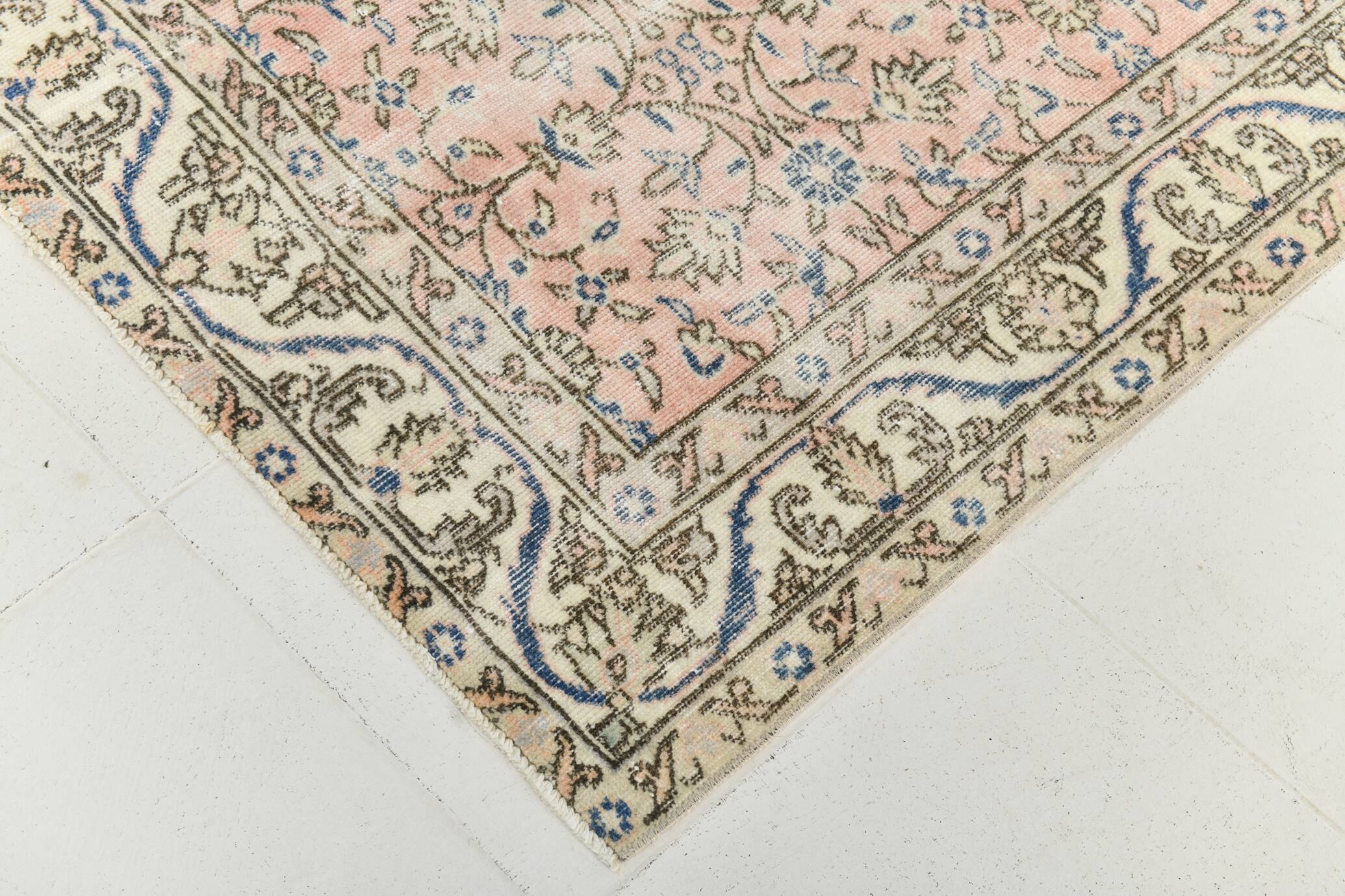 Light Pink & Blue Floral Turkish Vintage Rug, 155x248Cm