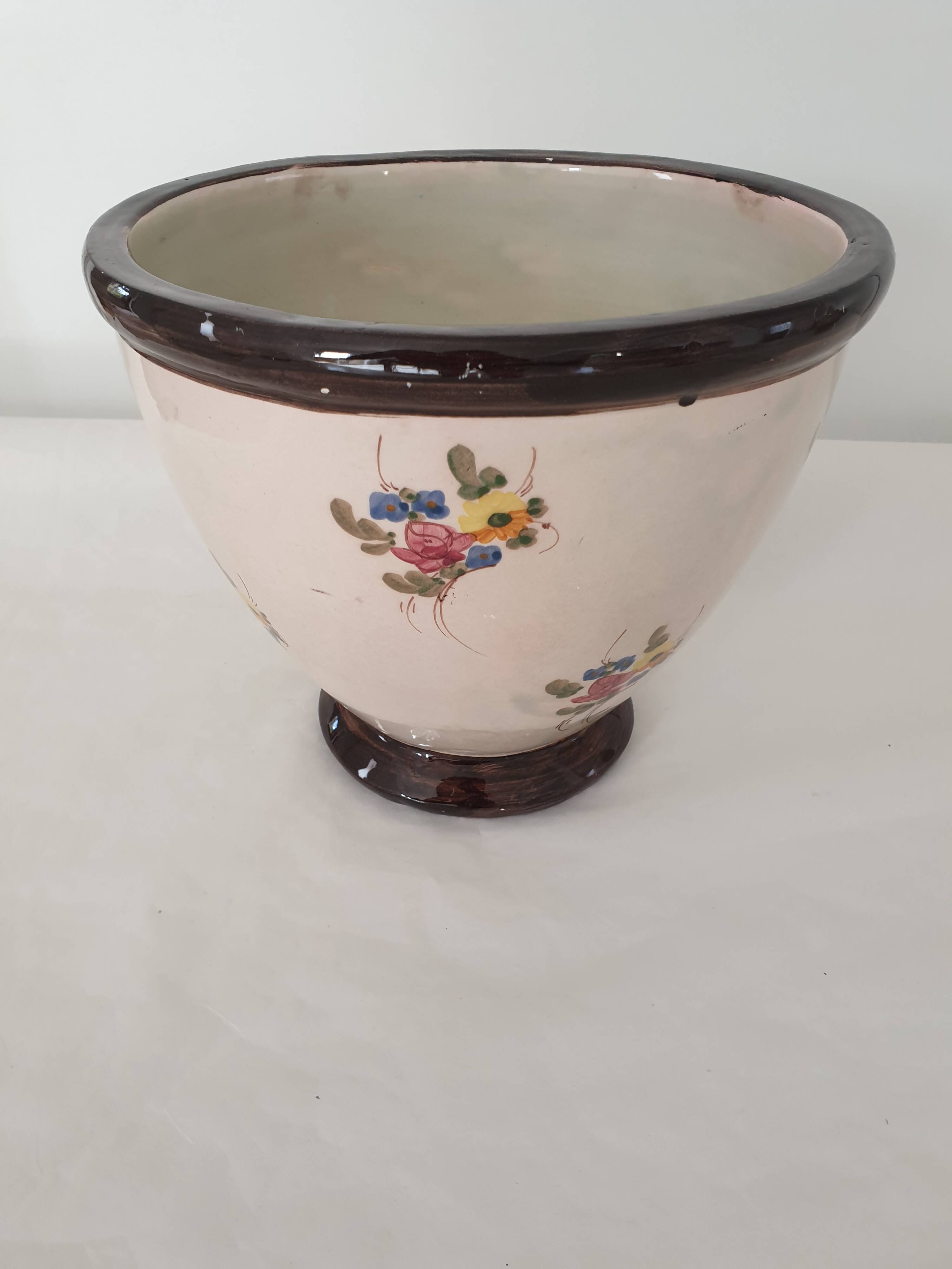 Large ceramic flowerpot with painted flower decoration Signed Massier Vallauris