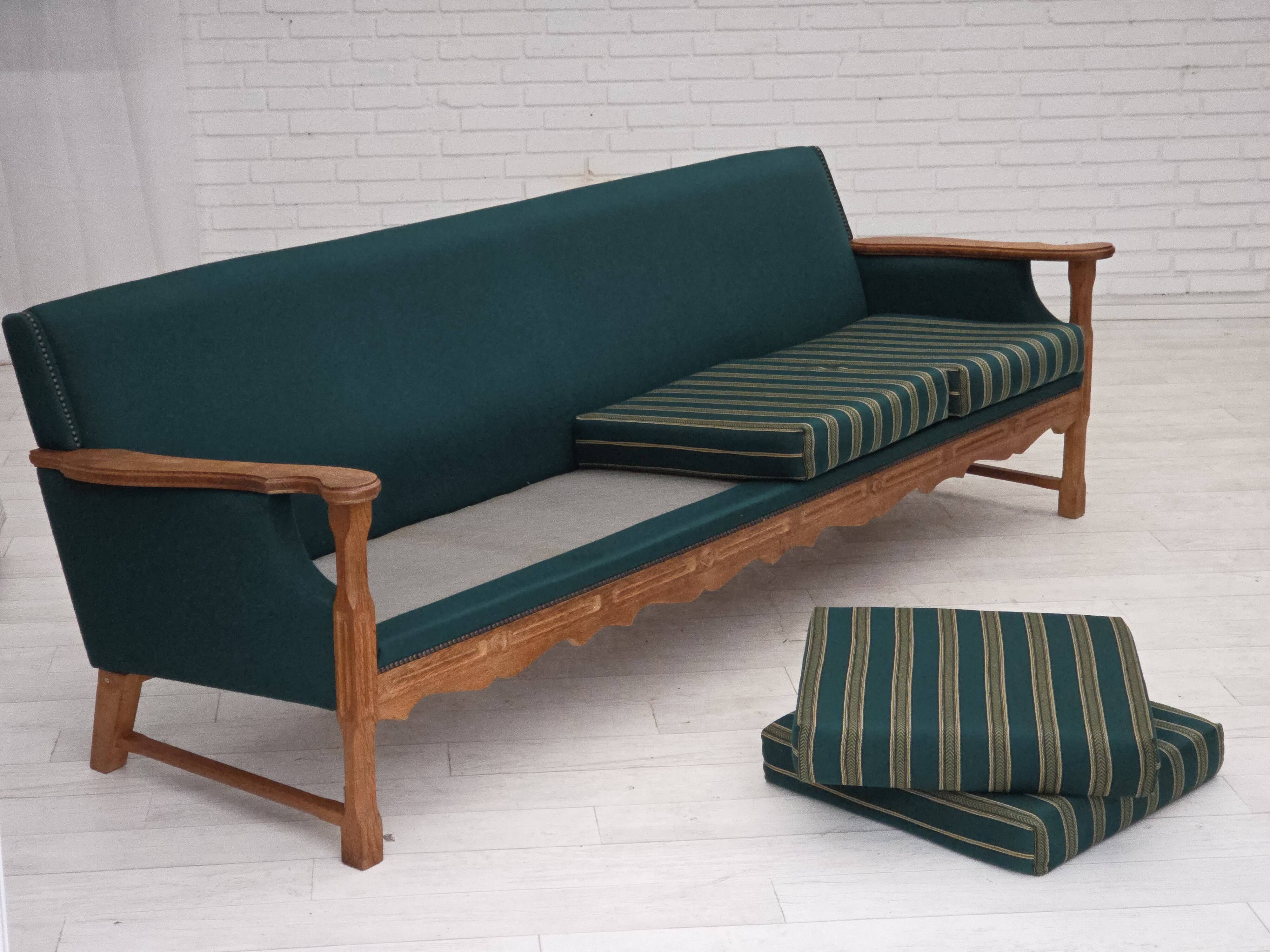 1970s, Danish 4-seater sofa, furniture wool, solid oak wood.