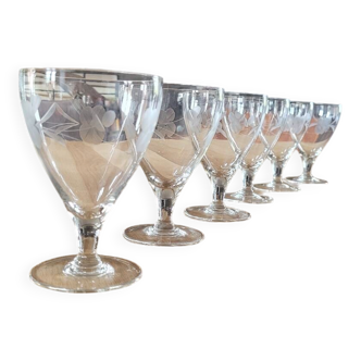 6 vintage engraved glass stemware glasses