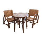 Set of two arm armchairs and table in wicker and rattan
