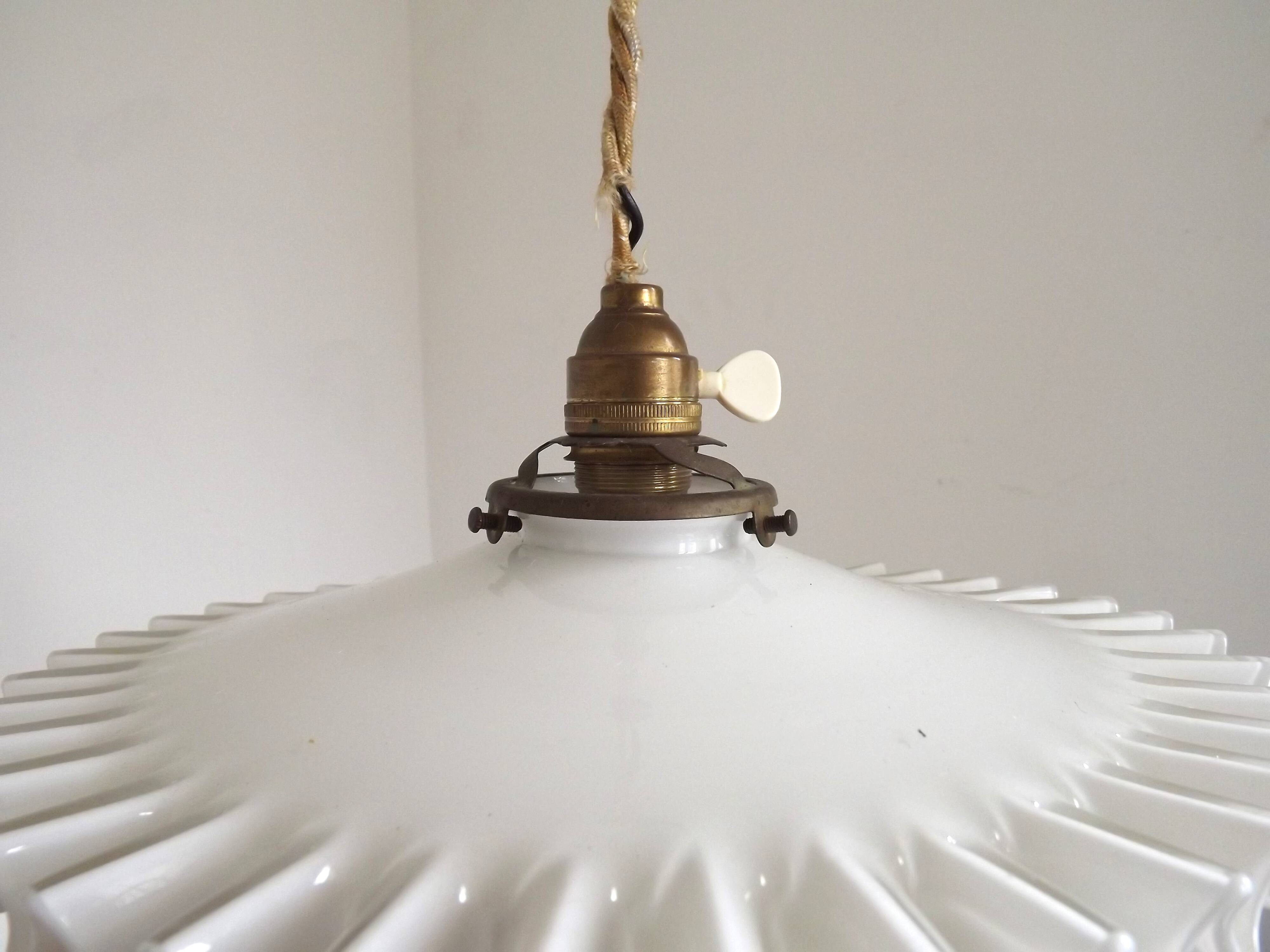 Vintage French Rise & Fall Counterbalance Ceiling Light Opaline Glass Shade