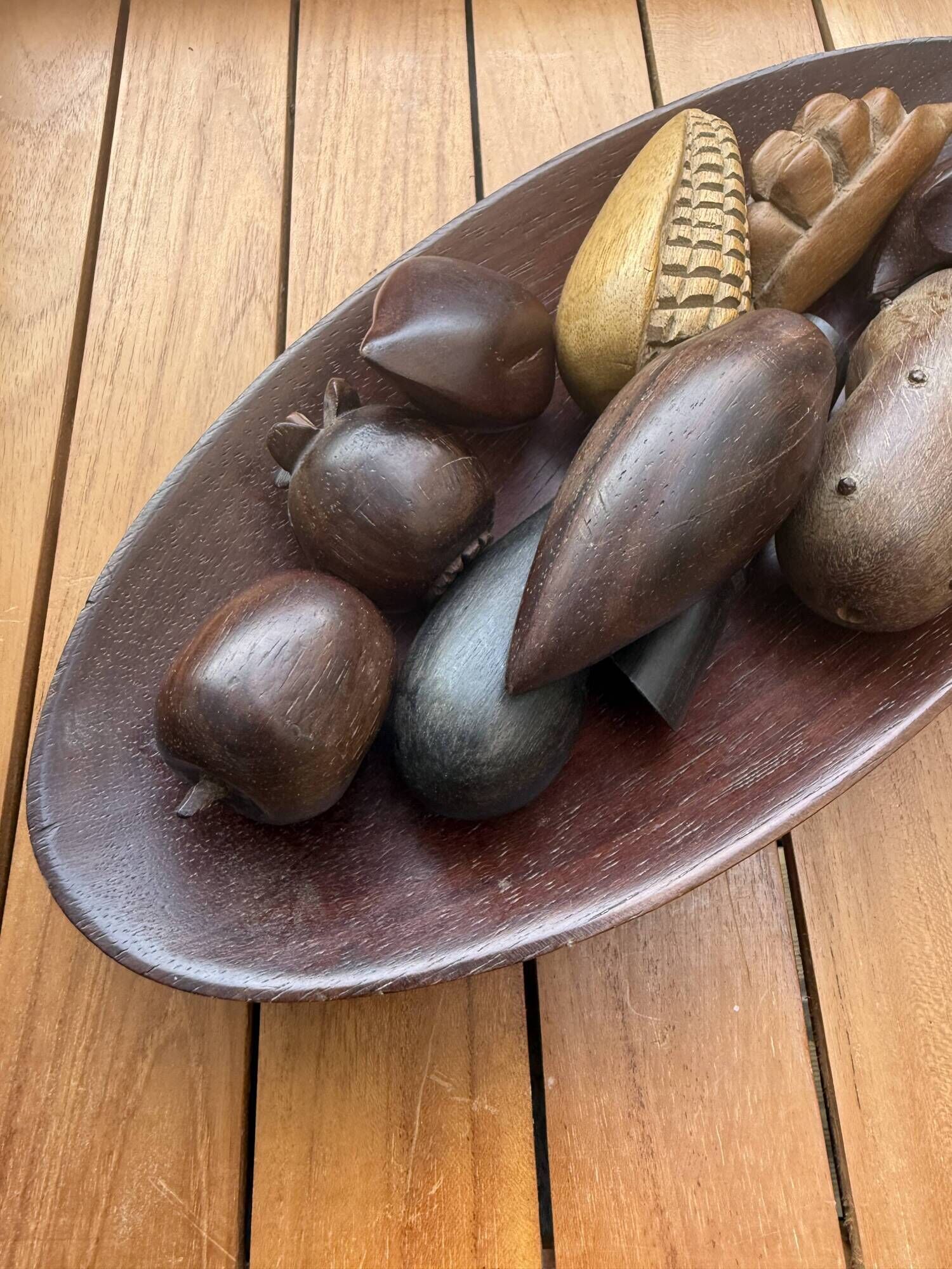 Large vintage carved wooden bowl with decorative fruits – 1970s