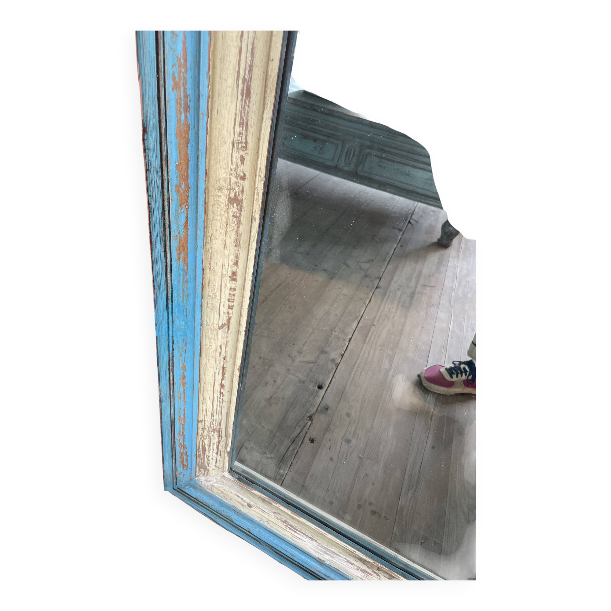 Large beige and blue teak mirror