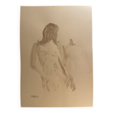 Tableau signé, aquarelle monochrome portait féminin « devant le chevalet »