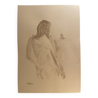 Signed painting, monochrome watercolor portrait of a woman "in front of the easel"
