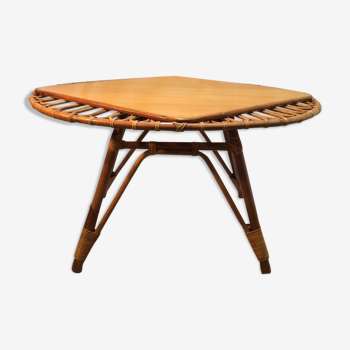 Table basse en rotin ovale plateau losange vintage - années 60/70