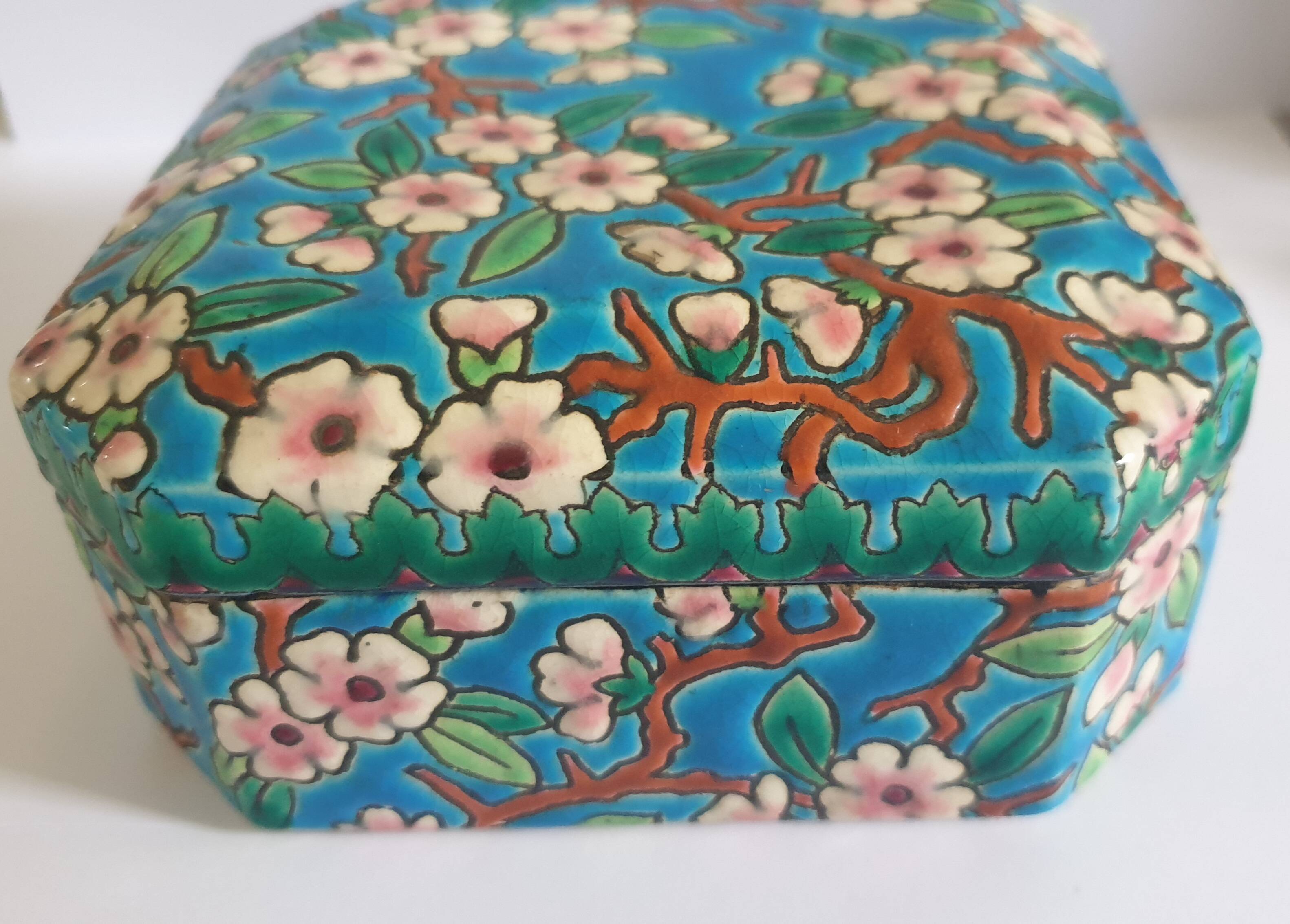 Longwy Enamels Cut Corner Bonbonnière Box with Floral Decoration