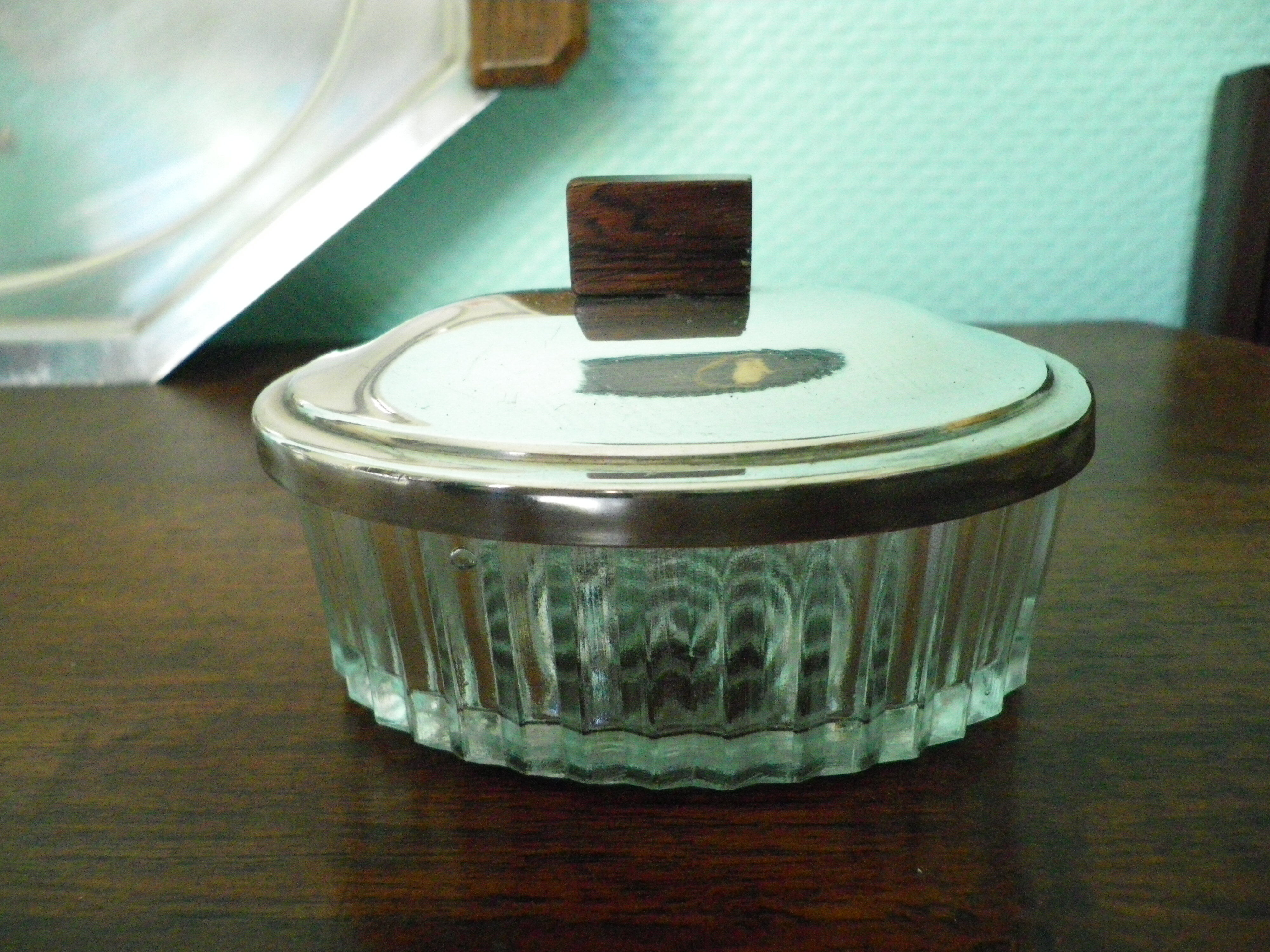 5-compartment thick glass servant - Silver metal with punch - Wooden handles - 1950/60