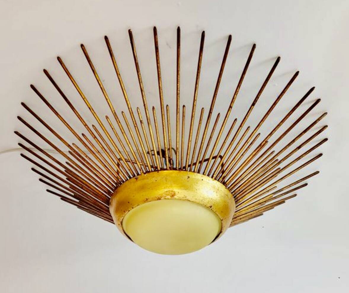 Golden sunburst metal glass pendant chandelier, 1960