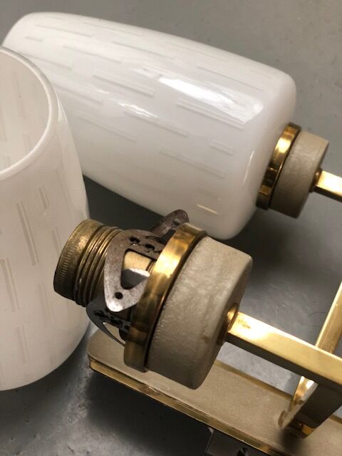 Pair of double vintage wall sconces in glass and brass