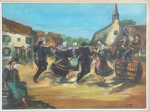 Huile sur toile, Scène Bretonne, village breton, signé Le Hellocq,  Pont Aven