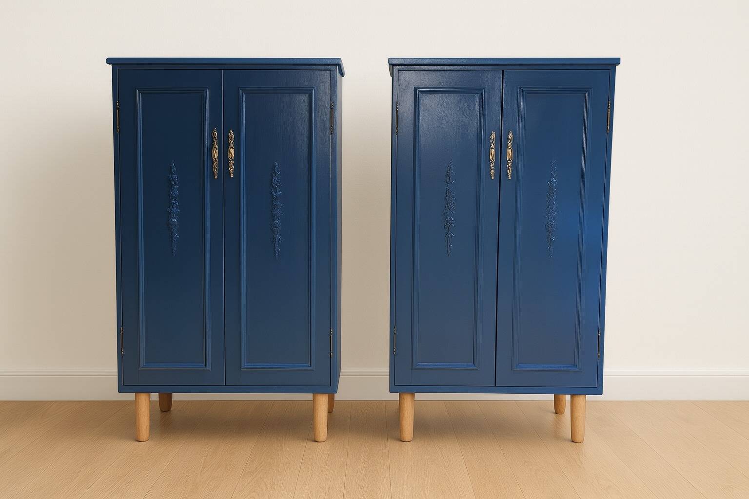 2 blue-painted buffets on legs