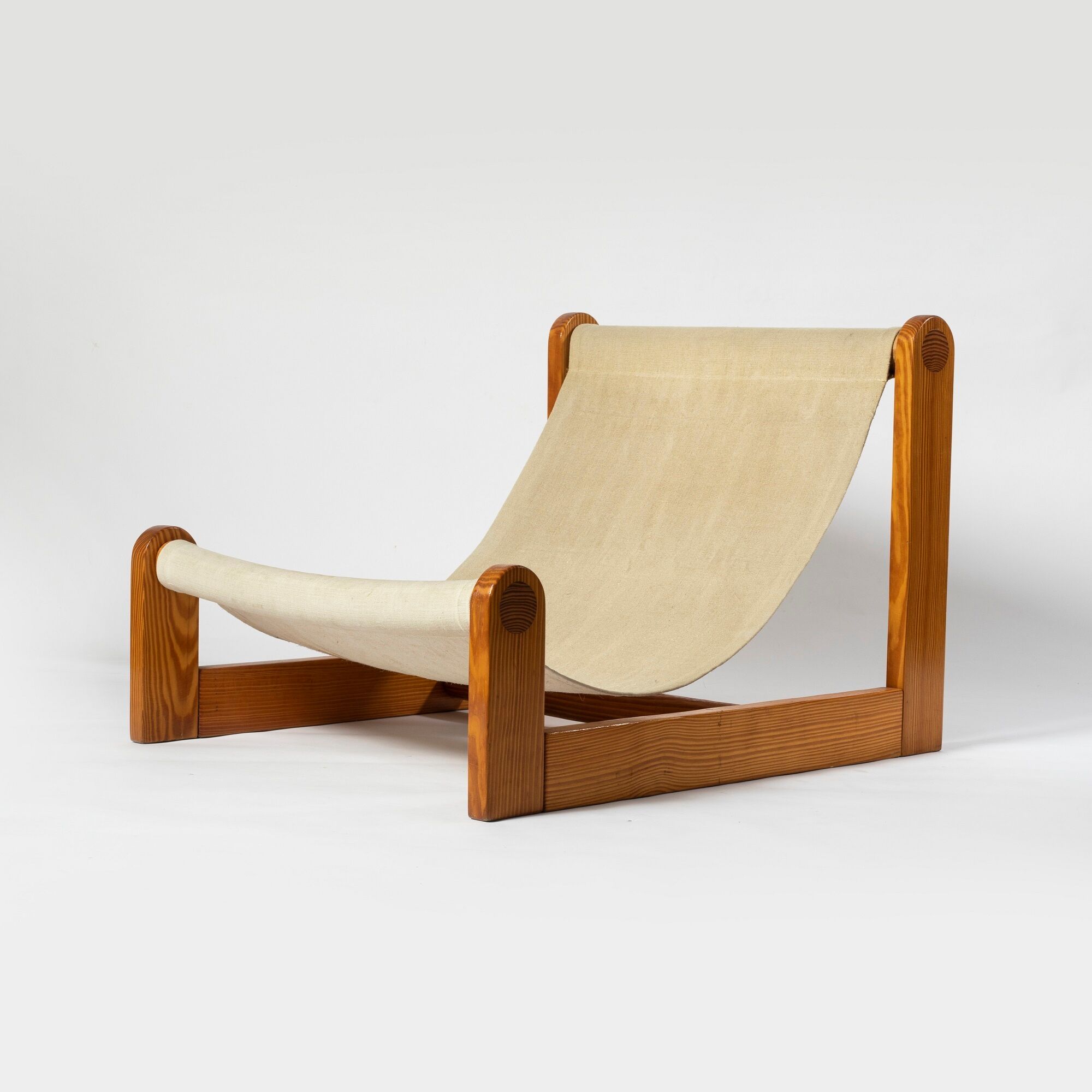 Brutalist sling lounge chair in Canvas, Pine and sheepskin, Belgium, 1970s
