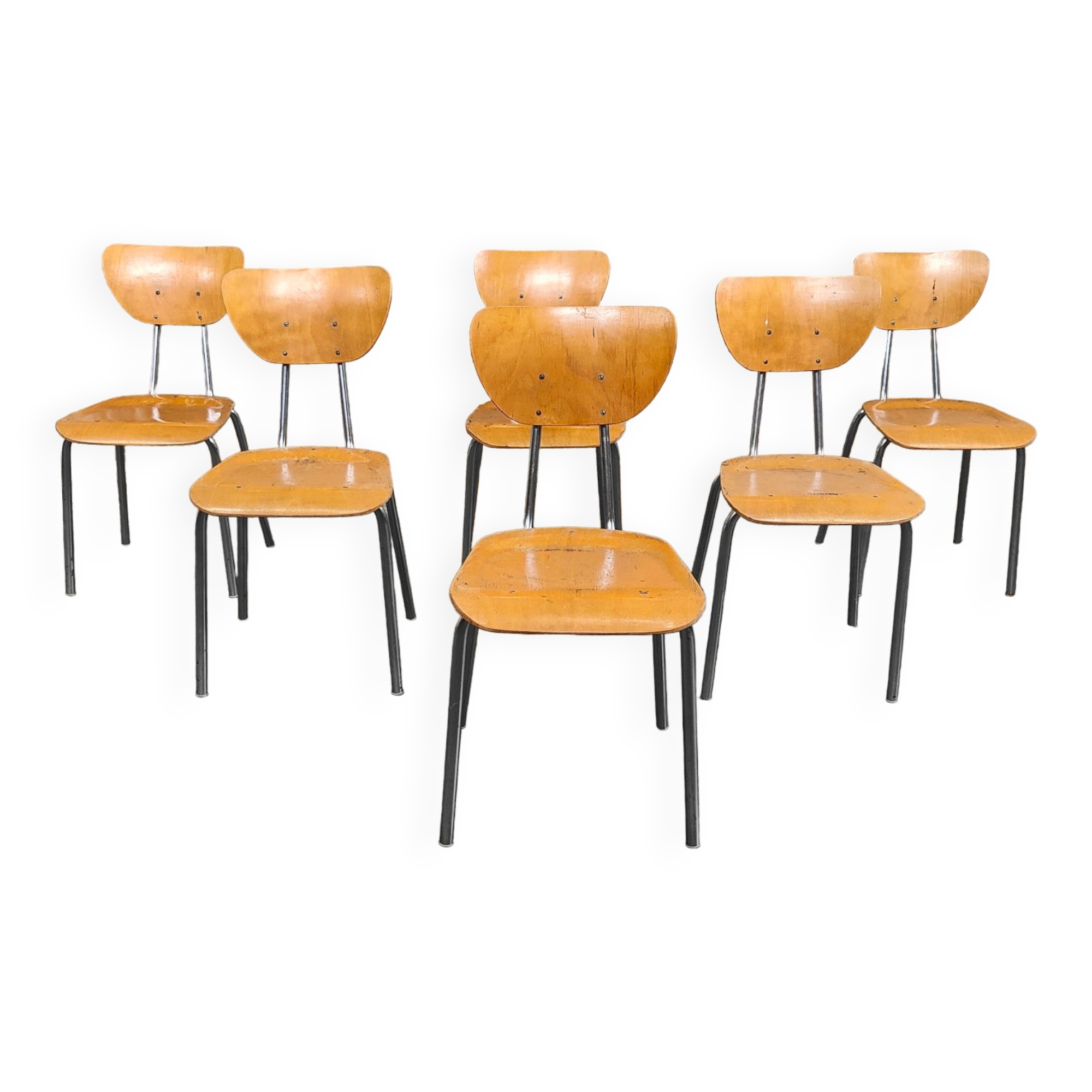 Lot de 6 chaises type ecole chrome et bois 1970