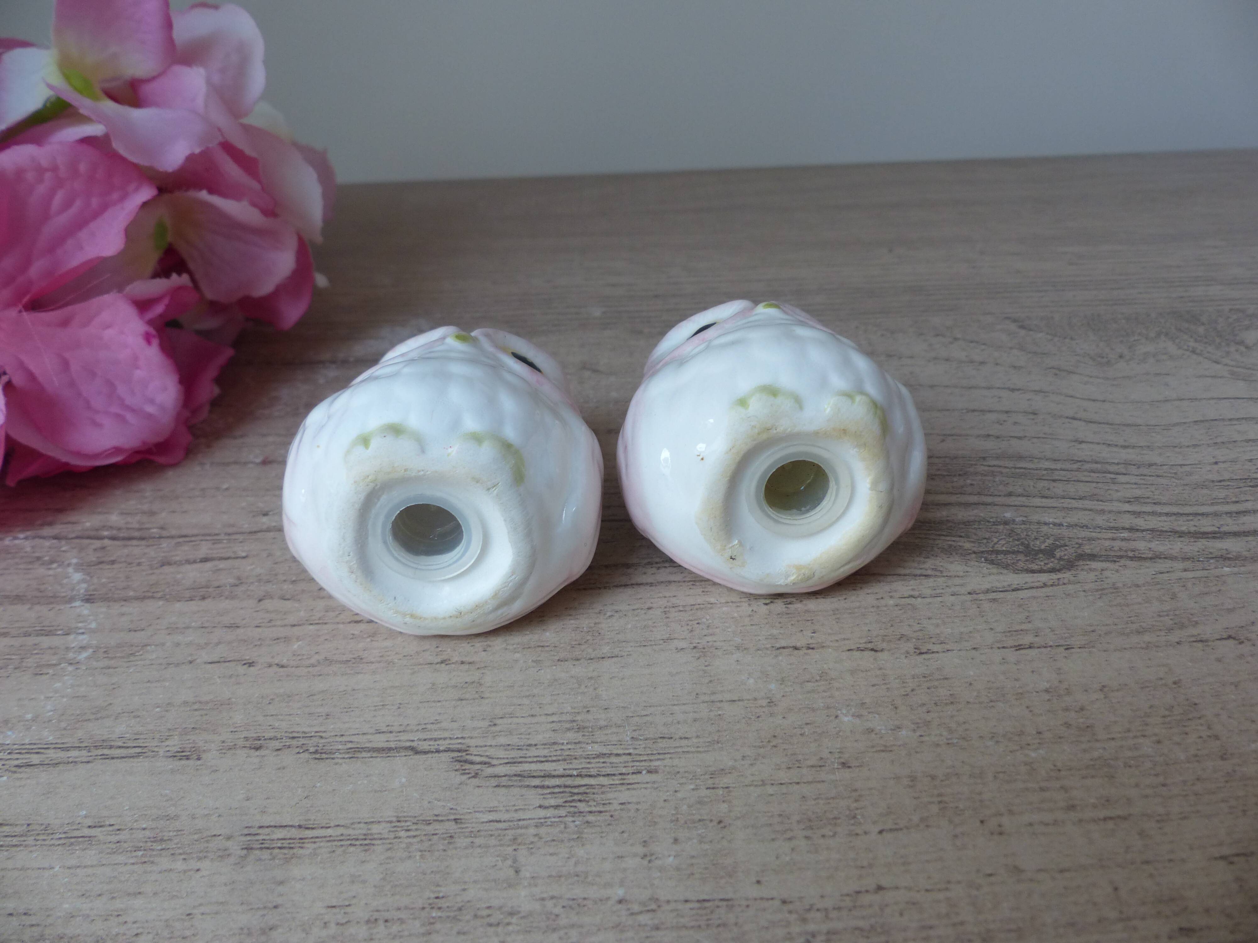 Vintage japan white and pink ceramic owl salt and pepper shaker set