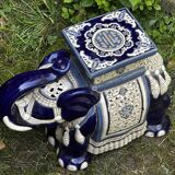 Elephant stool in glazed ceramic in cobalt blue and ivory colors