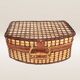 Wicker picnic basket, blue gingham interior.