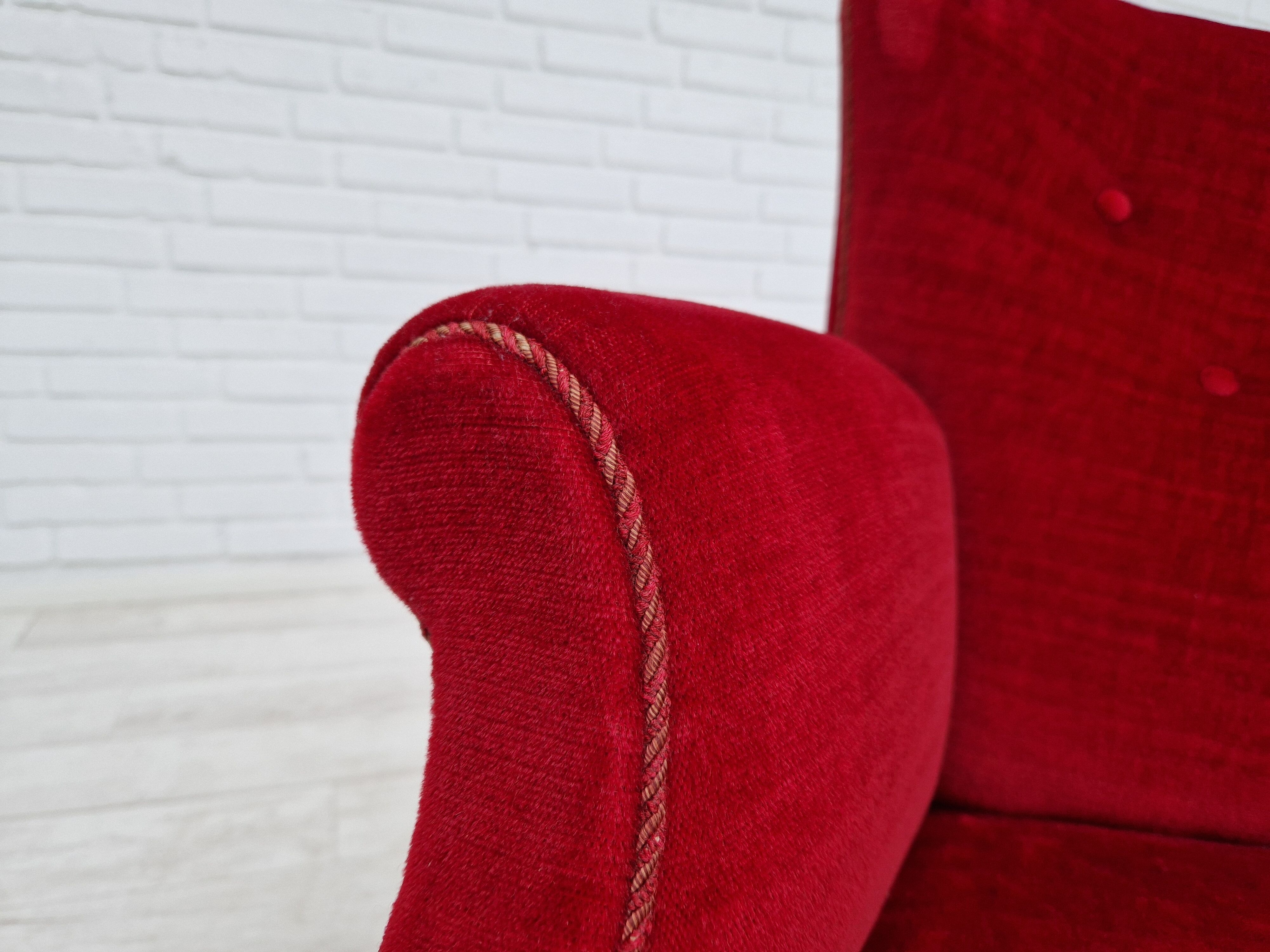 1960s, danish high back vintage armchair in cherry-red velour