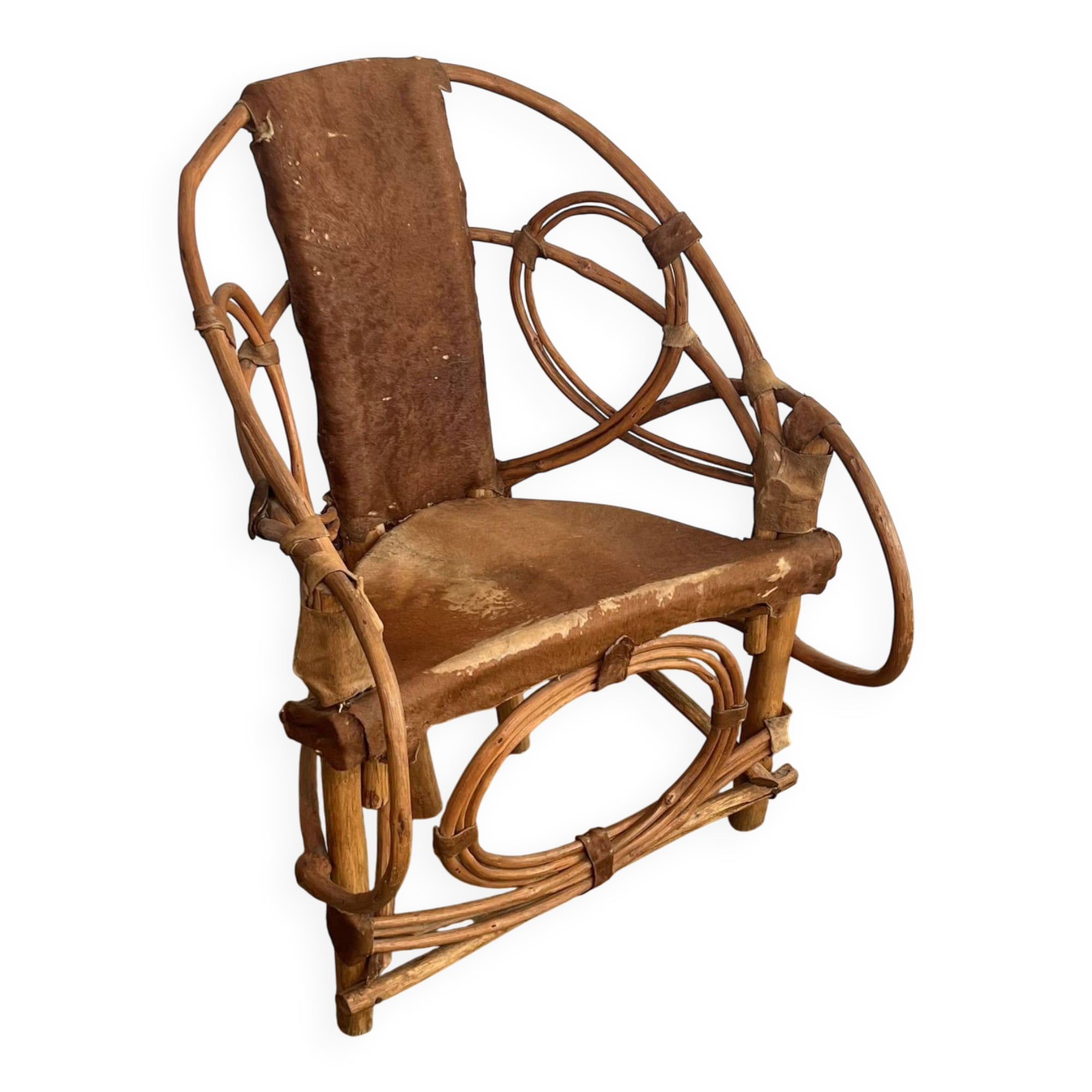 Organic Modernist Armchair in Rattan and Cowhide, Italian Work, A