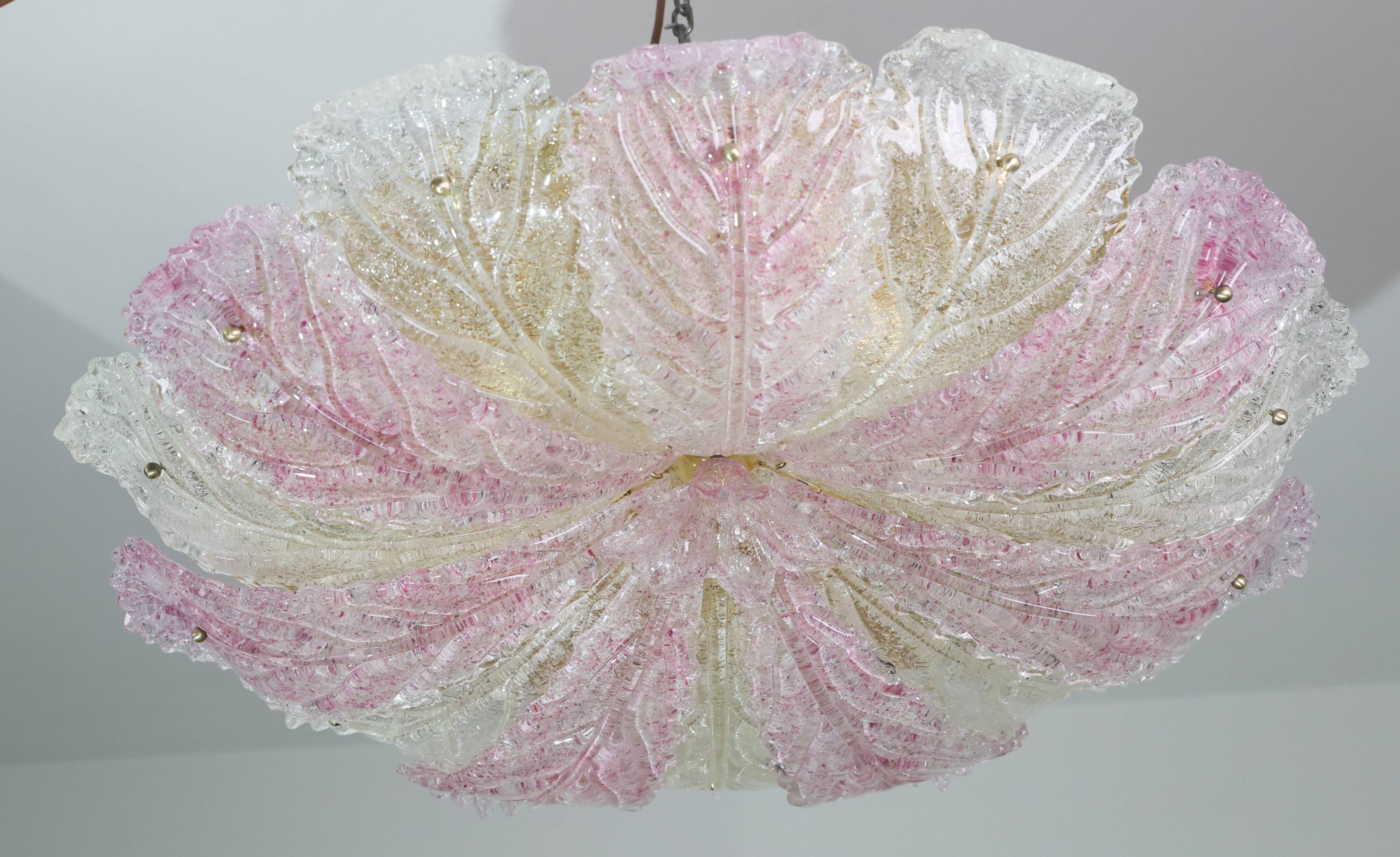Large Size Pink and Transparent Murano Glass Leave Ceiling Light or Chandel