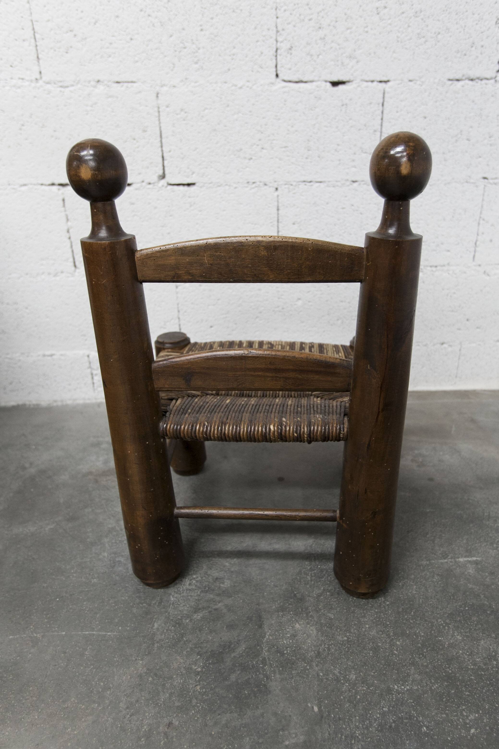 Brutalist children's chair by Charles Doudouyt 1960 oak and wicker