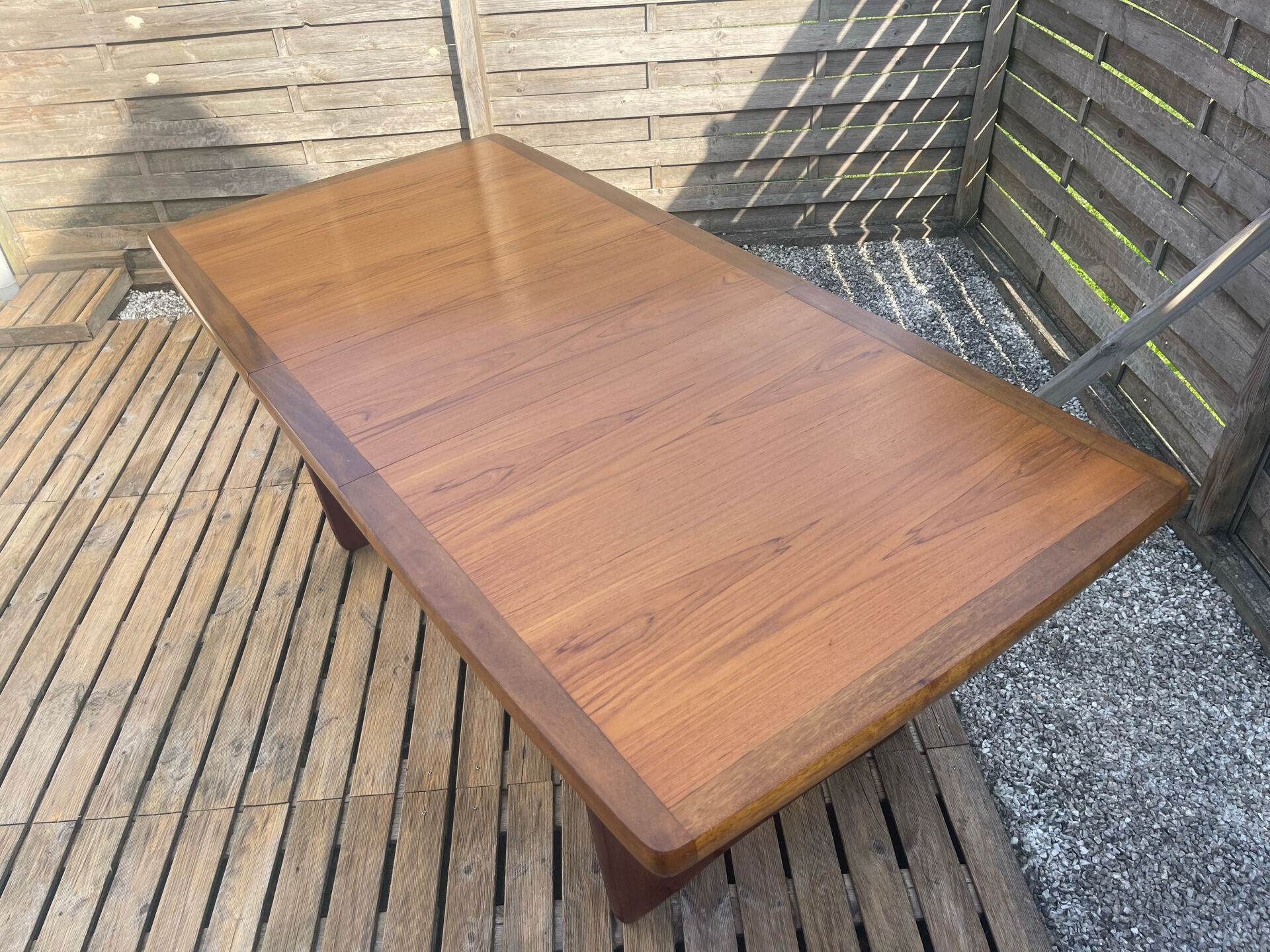 Extendable teak table, sled base, vintage style.