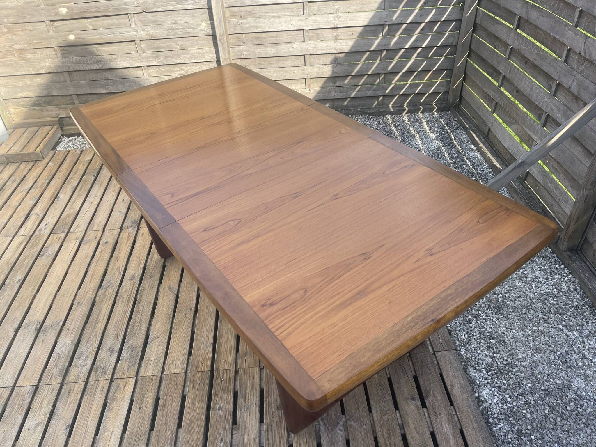 Extendable teak table, sled base, vintage style.