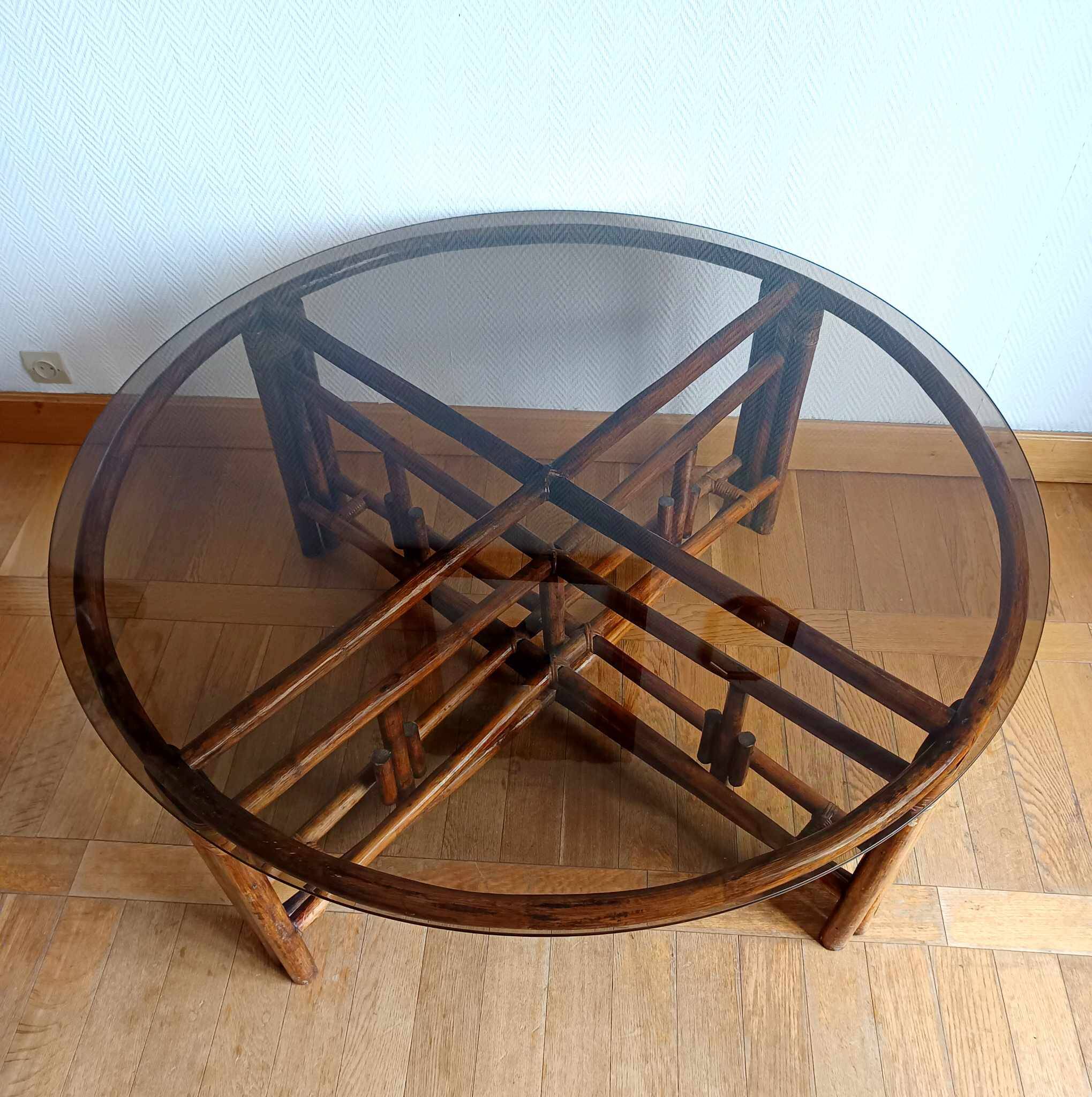 Vintage rattan and smoked glass coffee table from the 1970s