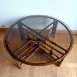 Vintage rattan and smoked glass coffee table from the 1970s