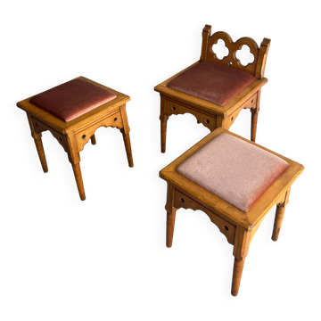 Lot de 3 tabourets rustiques néogothiques, années 1970