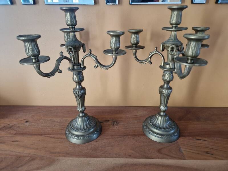 Pair of gilded bronze and brass candelabra with 4 light arms.