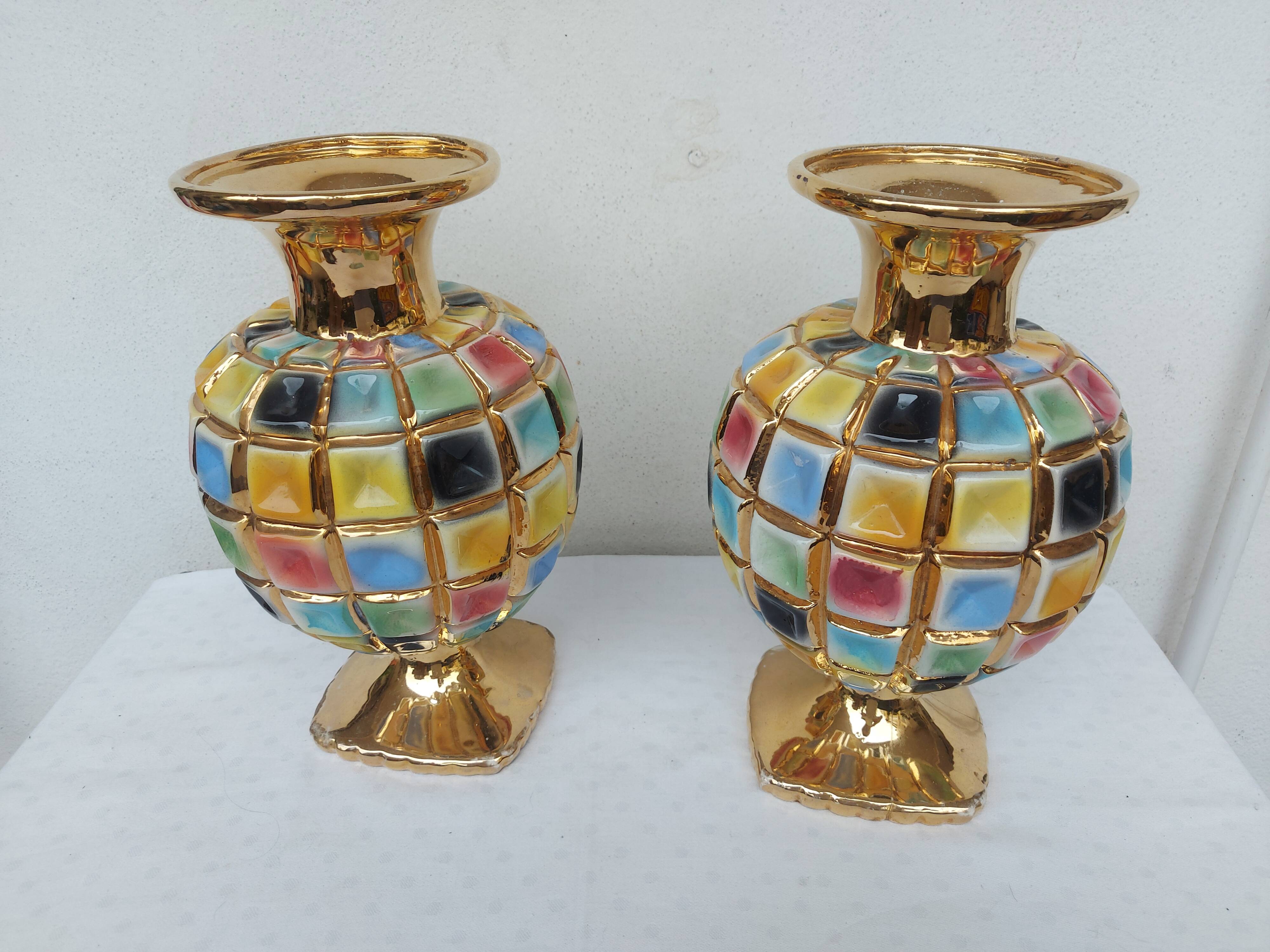 PAIR OF CERAMIC VASES DOREE, POLYCHROME, VINTAGE ITALY 60'S