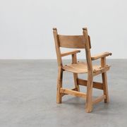 Brutalist armchair with carved rosettes and nailed wooden seat, Spain, 20th