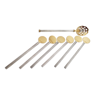 Petrossian - caviar set - silver metal and vermeil - 6 pallets - 1 ladle